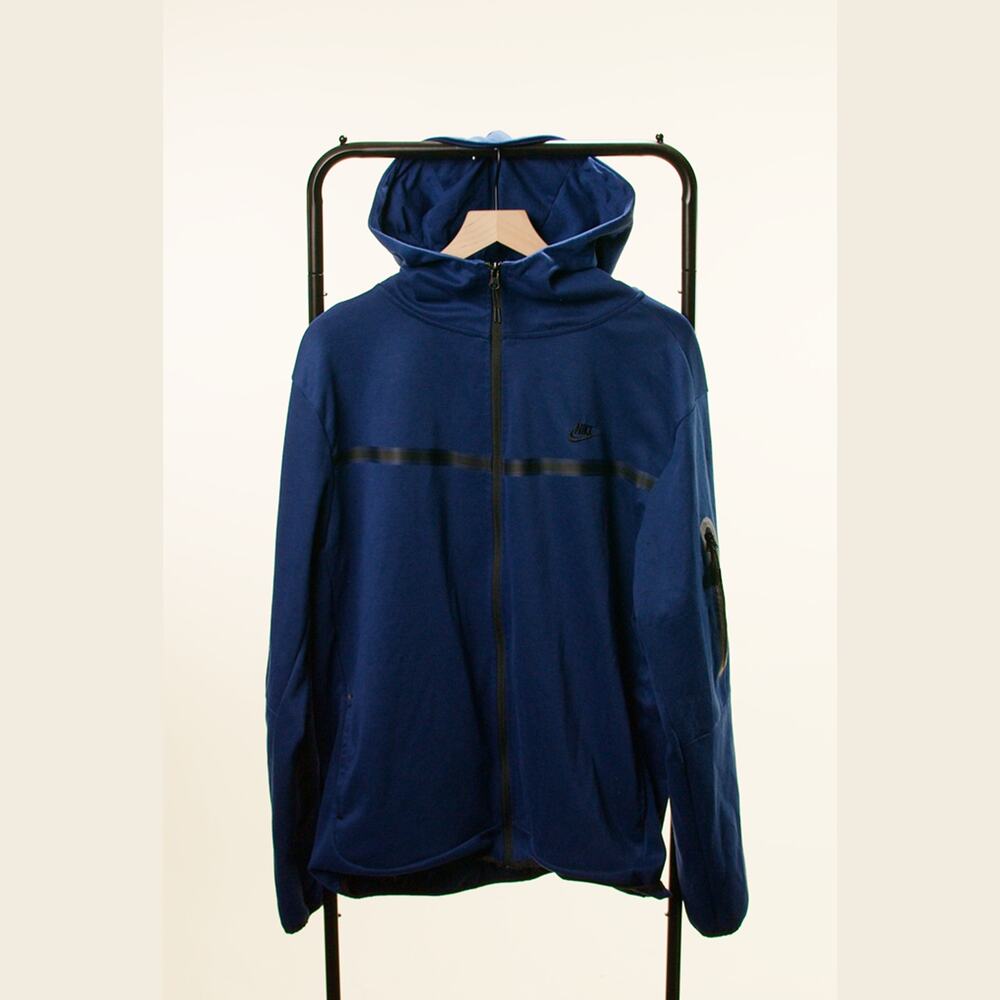Nike Men’s XL Blue Full Zip Hooded Jacket Black Stripe Swoosh Sleeve Pocket